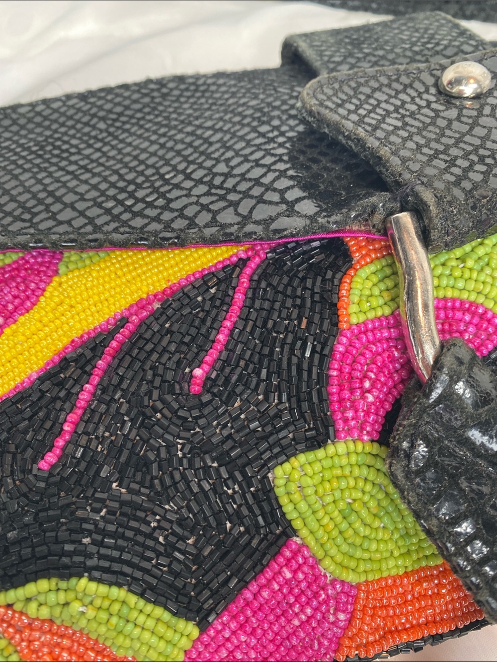 Vintage Christiana Black Beaded Shoulder Bag Multicolor Floral Embroidery - Picture 5 of 8
